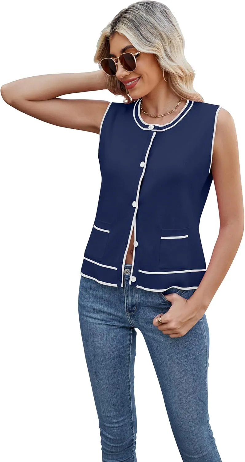 Sleeveless Button Down Vest Short Cardigans for Ladies Sweater with Pockets