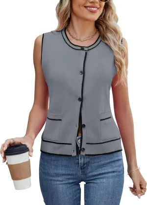 Sleeveless Button Down Vest Short Cardigans for Ladies Sweater with Pockets