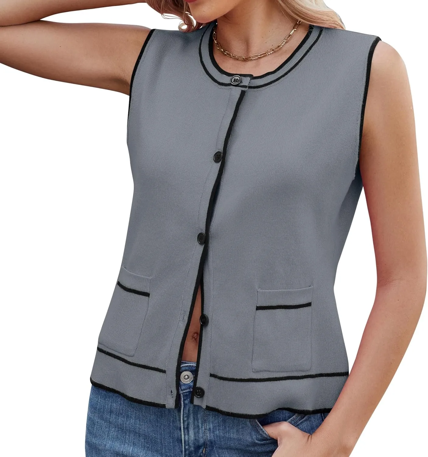Sleeveless Button Down Vest Short Cardigans for Ladies Sweater with Pockets
