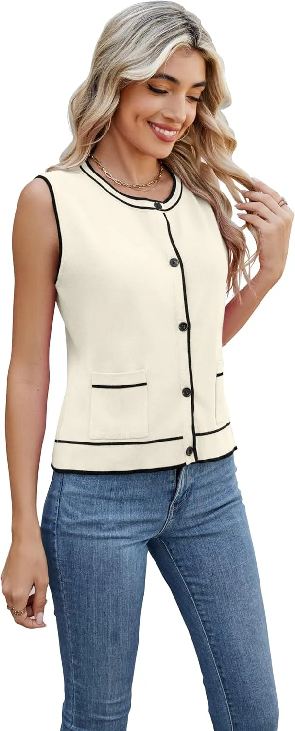 Sleeveless Button Down Vest Short Cardigans for Ladies Sweater with Pockets