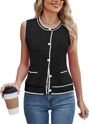 Sleeveless Button Down Vest Short Cardigans for Ladies Sweater with Pockets