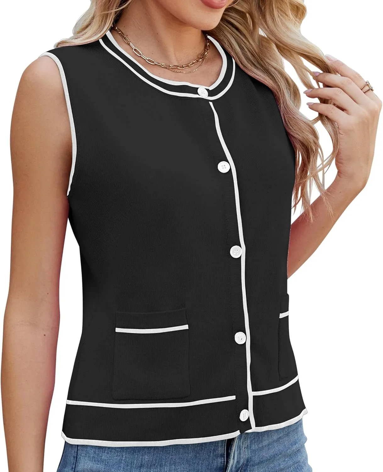 Sleeveless Button Down Vest Short Cardigans for Ladies Sweater with Pockets