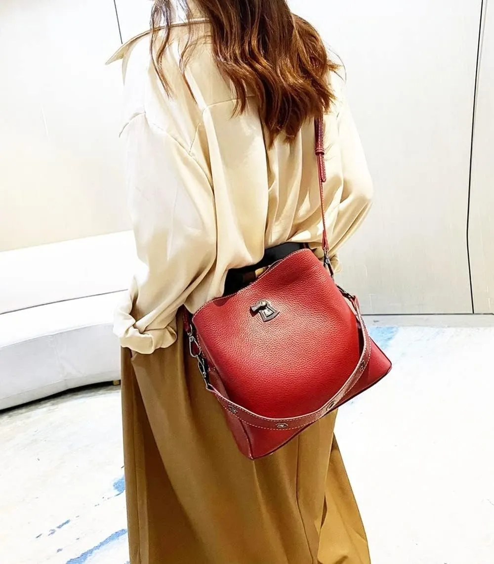 Soft Leather Women's Fashion bucket bag Multi-functional Bag Travel Grocery Lightweight Ladies Bags (Grey)