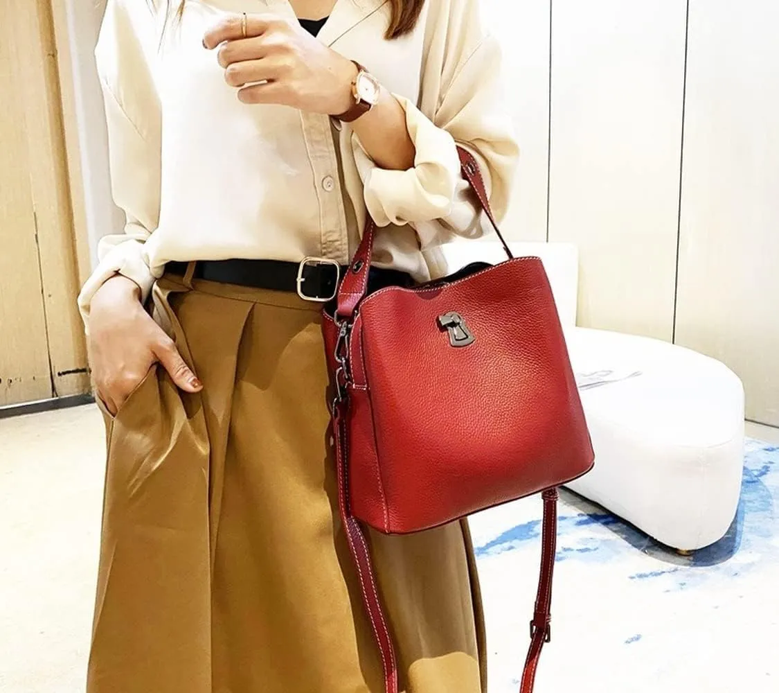 Soft Leather Women's Fashion bucket bag Multi-functional Bag Travel Grocery Lightweight Ladies Bags (Grey)