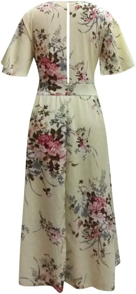 Summer Dresses for Women Chiffon Plus Size Floral Print Beach Dress V Neck Ruffle Sleeve High Waist Split Maxi Dress
