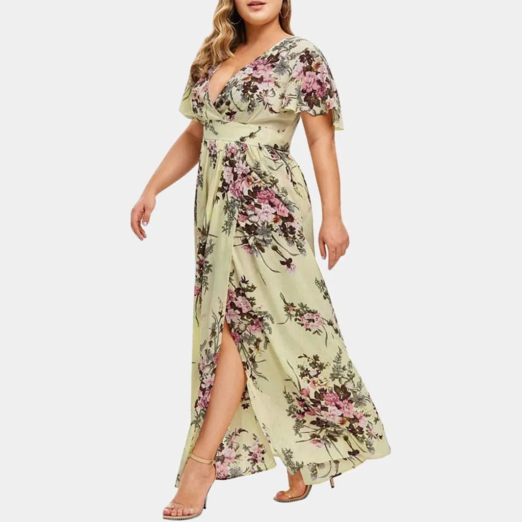 Summer Dresses for Women Chiffon Plus Size Floral Print Beach Dress V Neck Ruffle Sleeve High Waist Split Maxi Dress