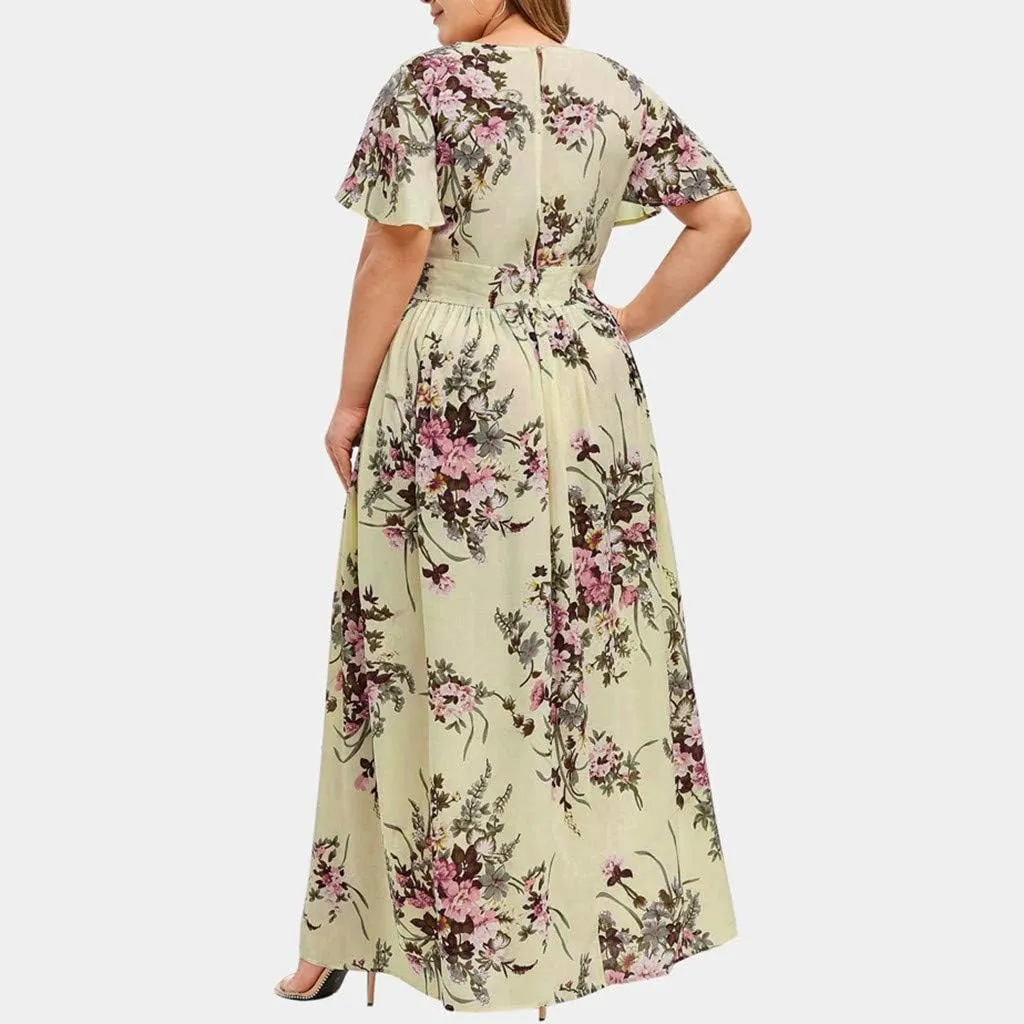 Summer Dresses for Women Chiffon Plus Size Floral Print Beach Dress V Neck Ruffle Sleeve High Waist Split Maxi Dress