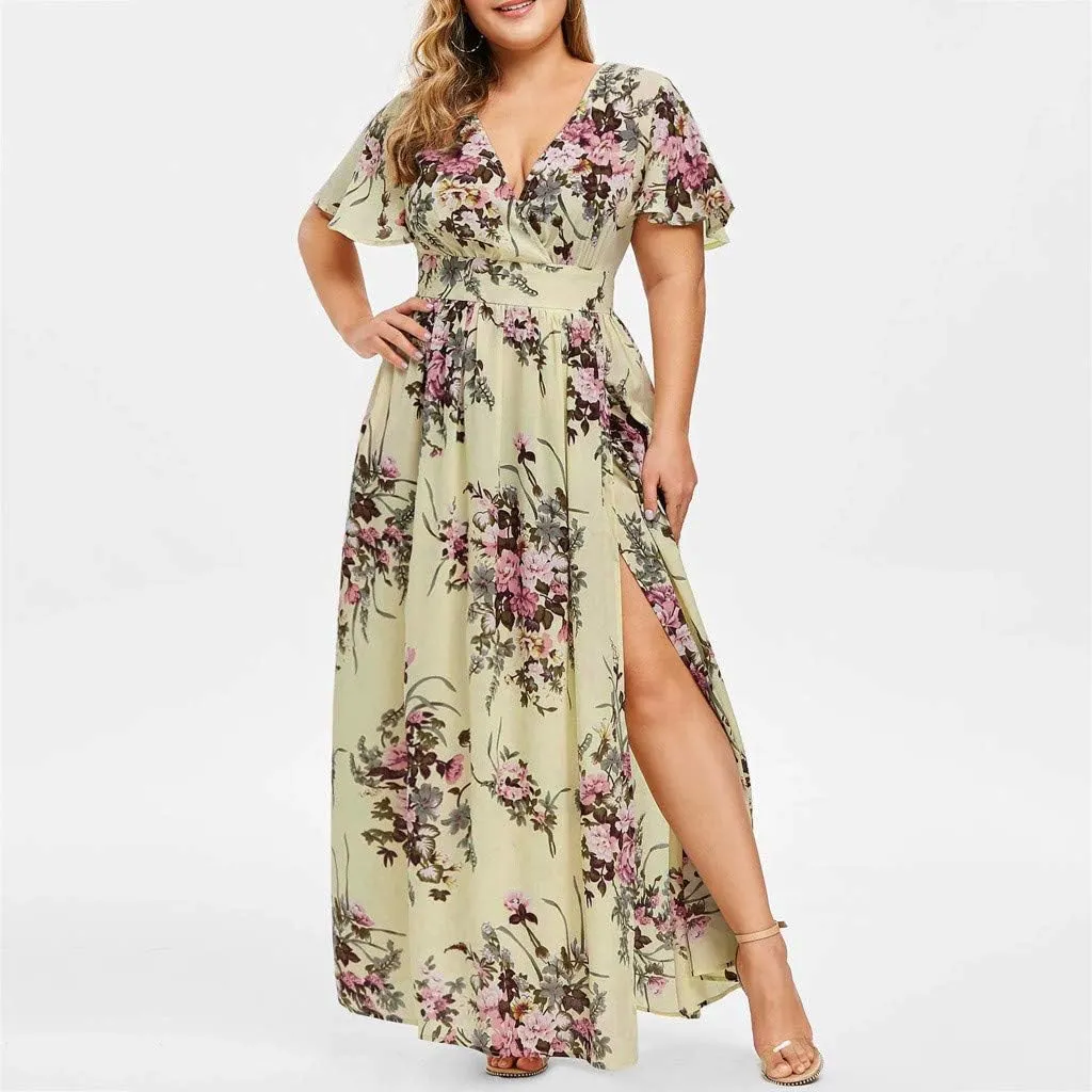 Summer Dresses for Women Chiffon Plus Size Floral Print Beach Dress V Neck Ruffle Sleeve High Waist Split Maxi Dress