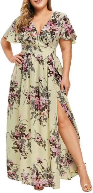 Summer Dresses for Women Chiffon Plus Size Floral Print Beach Dress V Neck Ruffle Sleeve High Waist Split Maxi Dress