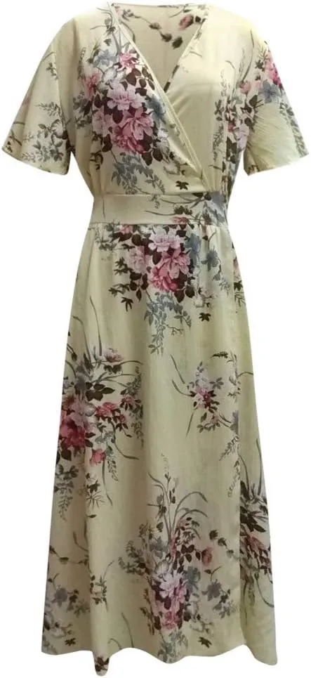 Summer Dresses for Women Chiffon Plus Size Floral Print Beach Dress V Neck Ruffle Sleeve High Waist Split Maxi Dress