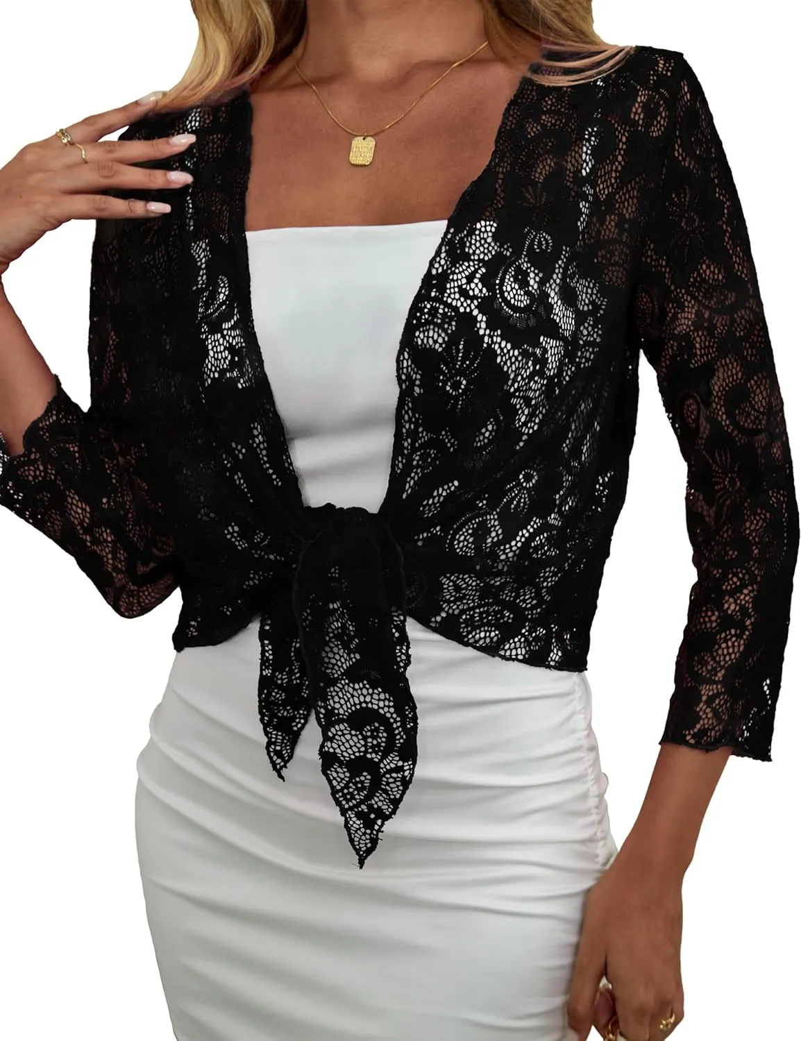 Traleubie Womens Bolero Shrug Sweaters Lace Lightweigt Tie Front Sheer Cardigans for Dresses, S-XL