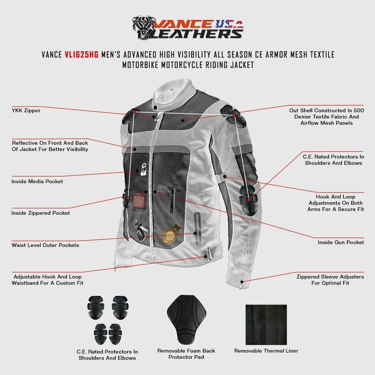 Vance Leather Mens Advanced All-Season Reflective Mesh & Textile Motorcycle Jacket w/CE Armor & Removable Liner