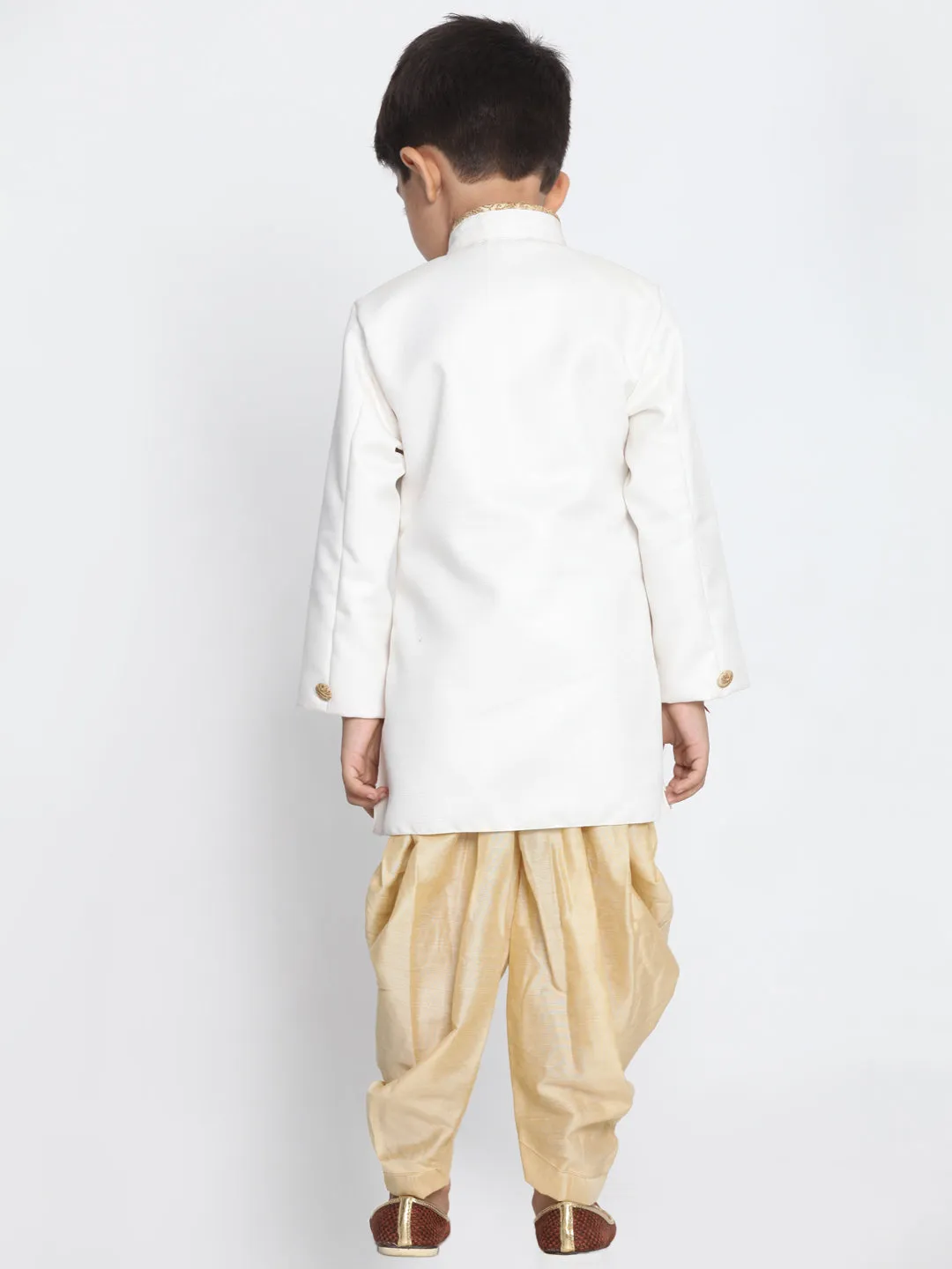Vastramay Cotton Blend White and Gold Baap Beta Sherwani Set