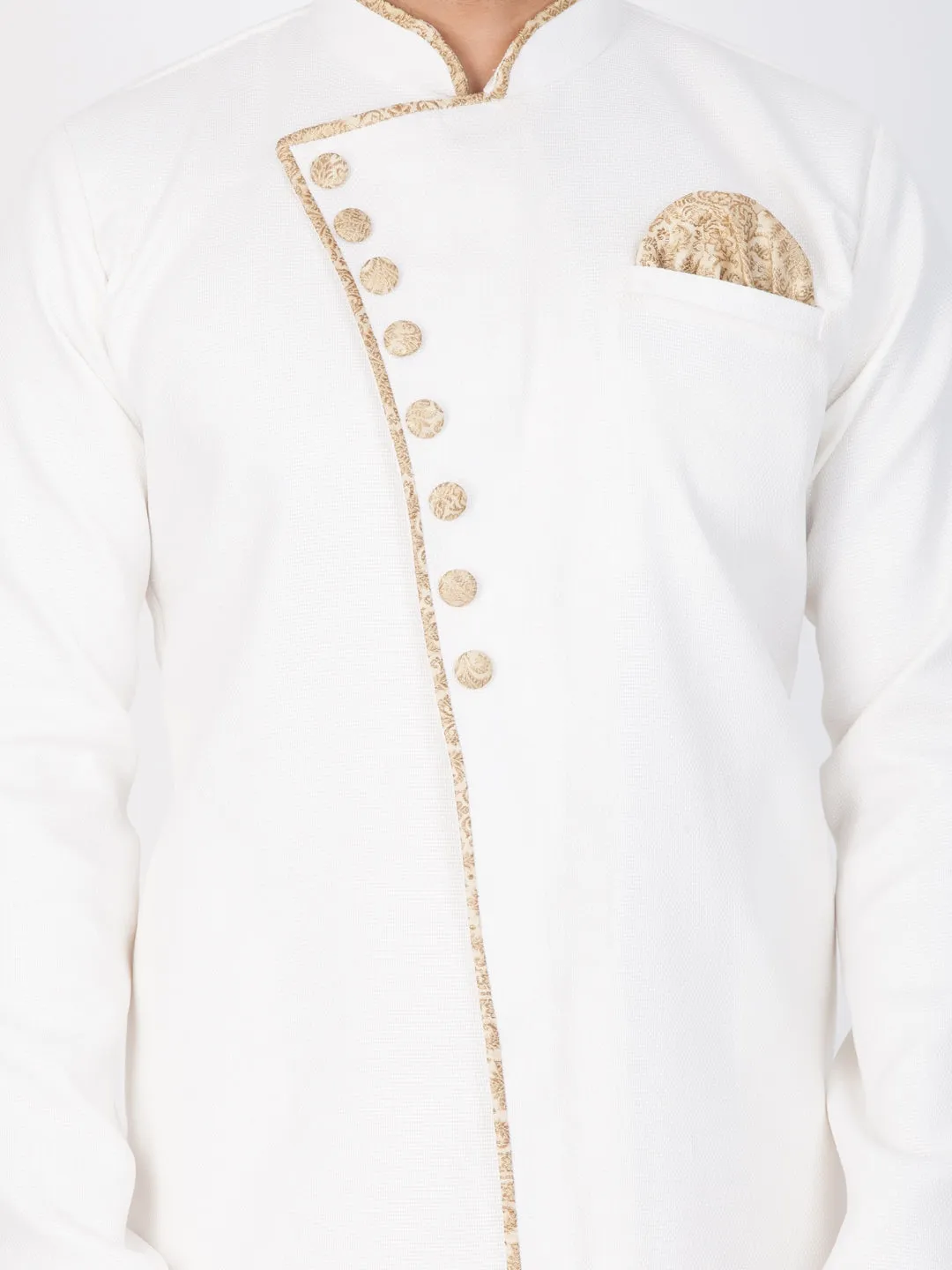 Vastramay Cotton Blend White and Gold Baap Beta Sherwani Set