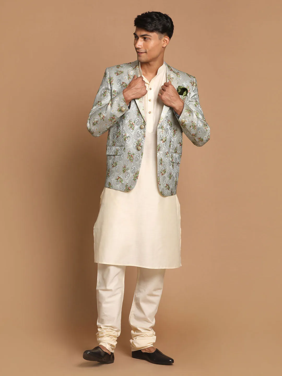 VASTRAMAY Green Blazer and Cream Kurta Set