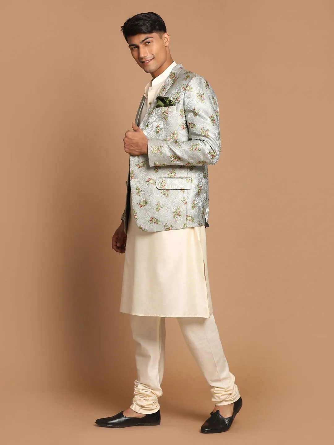 VASTRAMAY Green Blazer and Cream Kurta Set