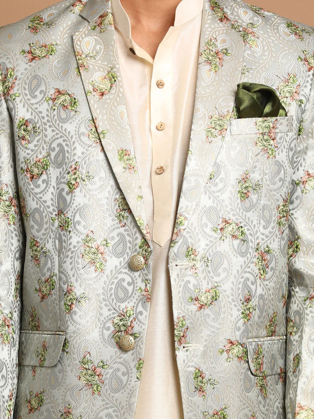 VASTRAMAY Green Blazer and Cream Kurta Set