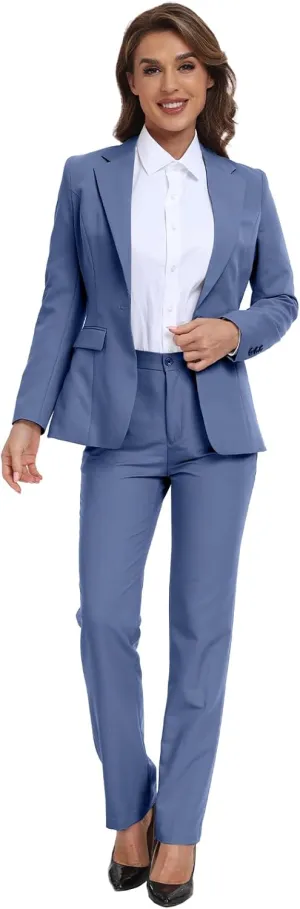 Women Classic Suits 2 Piece Bussiness Professional Work Outfits Office Attire Slim Fit Dressy Blazer Jacket Pants Suit Sets Denim Dark Blue