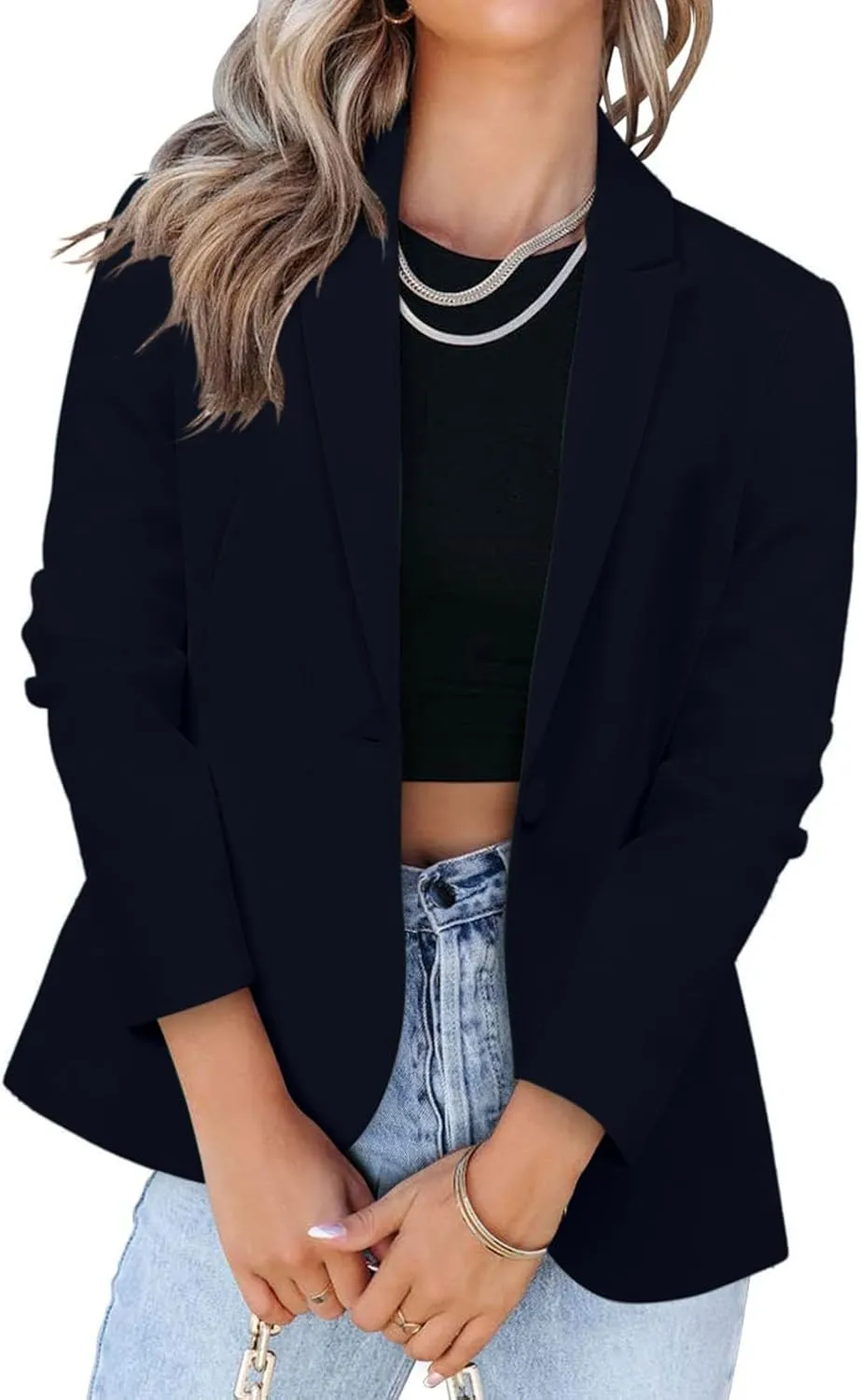 Women Fashion Button Down Blazer Suit Solid Long Sleeve Lapel Cardigan Blazer Business Casual Loose Jacket Coat