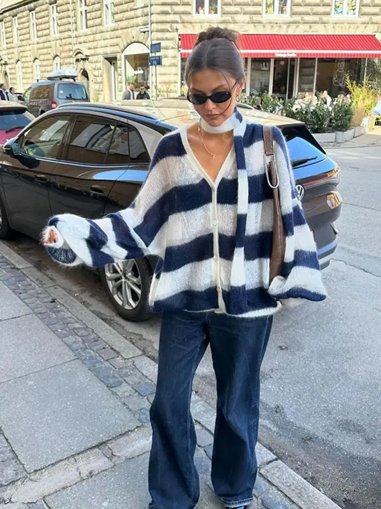 Women Fashion Contrast Striped Knitted Cardigan With Scarf Elegant V Neck Sweater