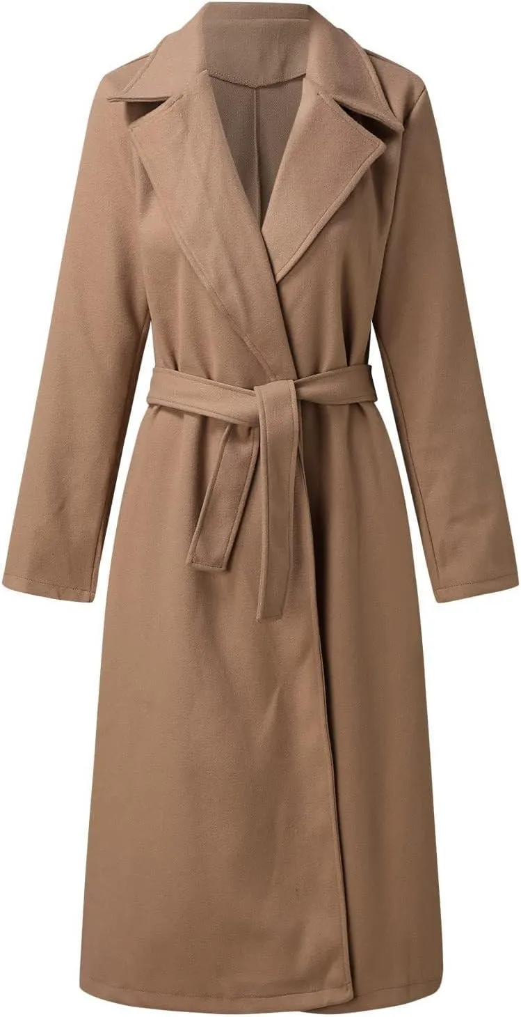 Women's Blazers Lapel Trench Coats Casual Cardigan Windbreak Solid Color Jackets Long Sleeve with Belt Overcoat