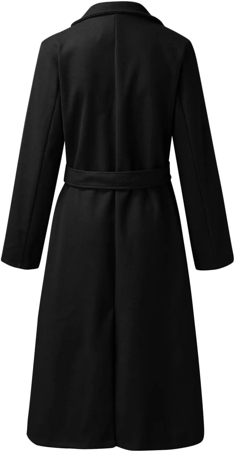 Women's Blazers Lapel Trench Coats Casual Cardigan Windbreak Solid Color Jackets Long Sleeve with Belt Overcoat