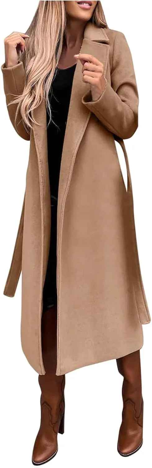 Women's Blazers Lapel Trench Coats Casual Cardigan Windbreak Solid Color Jackets Long Sleeve with Belt Overcoat