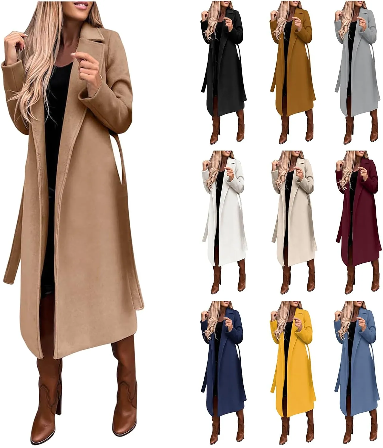 Women's Blazers Lapel Trench Coats Casual Cardigan Windbreak Solid Color Jackets Long Sleeve with Belt Overcoat