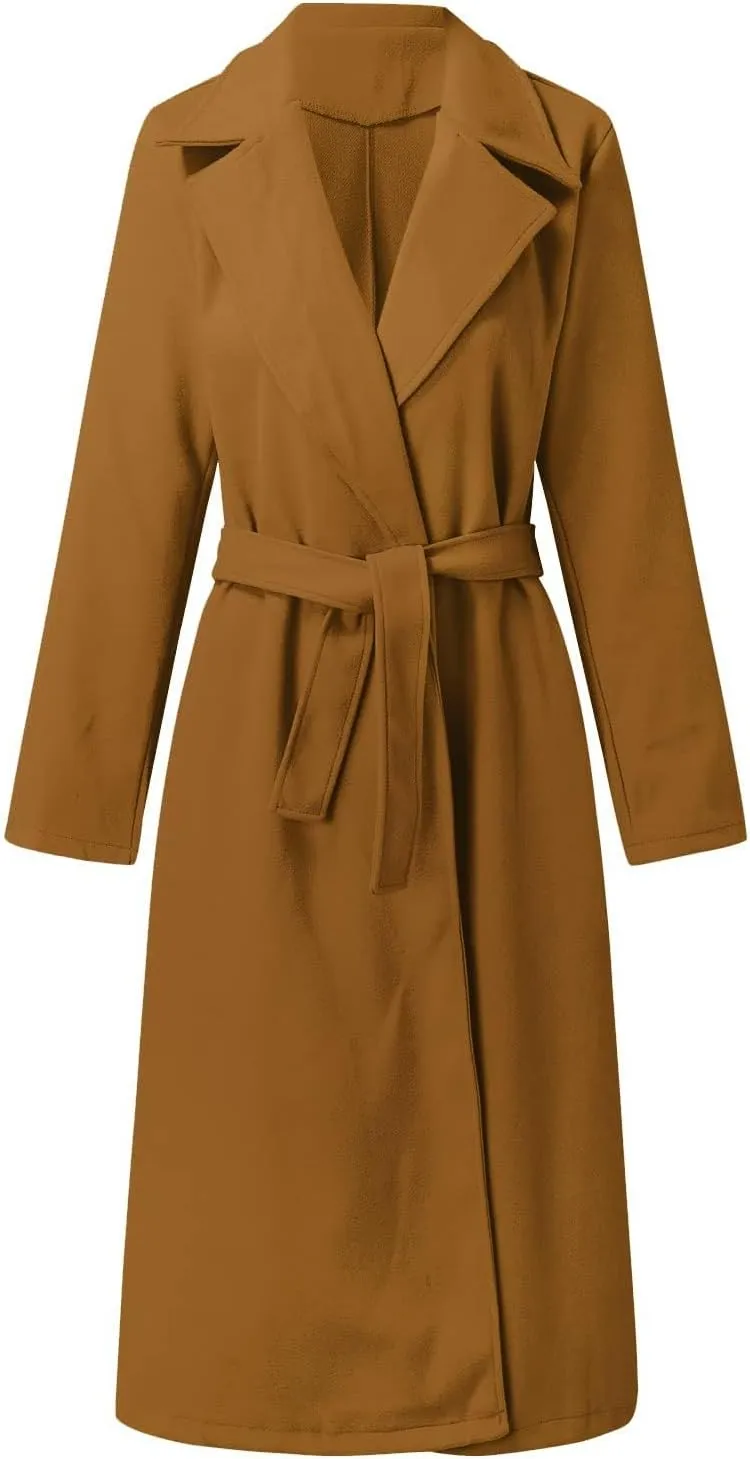 Women's Blazers Lapel Trench Coats Casual Cardigan Windbreak Solid Color Jackets Long Sleeve with Belt Overcoat