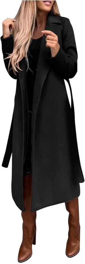 Women's Blazers Lapel Trench Coats Casual Cardigan Windbreak Solid Color Jackets Long Sleeve with Belt Overcoat
