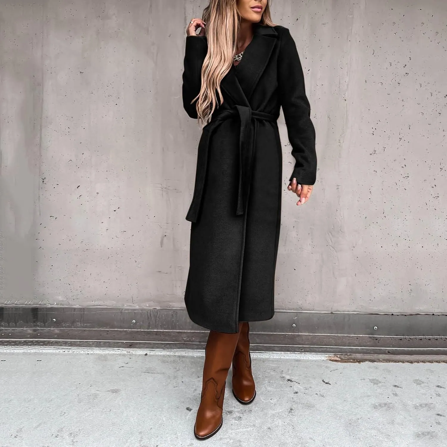 Women's Blazers Lapel Trench Coats Casual Cardigan Windbreak Solid Color Jackets Long Sleeve with Belt Overcoat