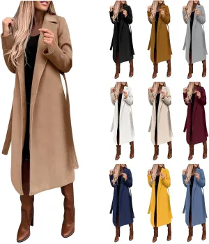 Women's Blazers Lapel Trench Coats Casual Cardigan Windbreak Solid Color Jackets Long Sleeve with Belt Overcoat
