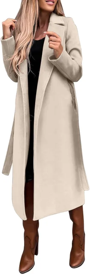 Women's Blazers Lapel Trench Coats Casual Cardigan Windbreak Solid Color Jackets Long Sleeve with Belt Overcoat