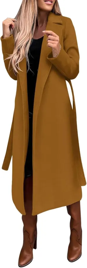 Women's Blazers Lapel Trench Coats Casual Cardigan Windbreak Solid Color Jackets Long Sleeve with Belt Overcoat