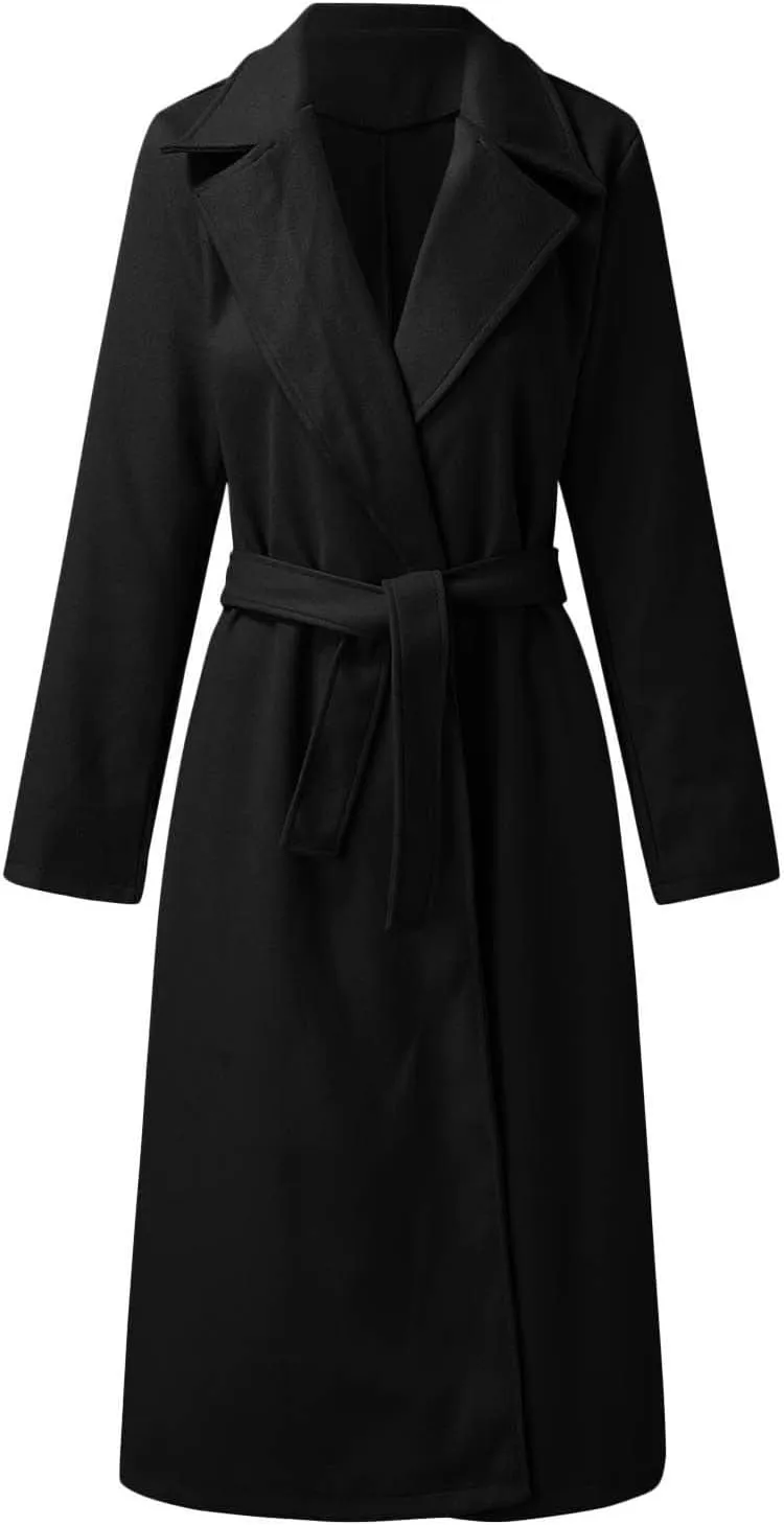 Women's Blazers Lapel Trench Coats Casual Cardigan Windbreak Solid Color Jackets Long Sleeve with Belt Overcoat