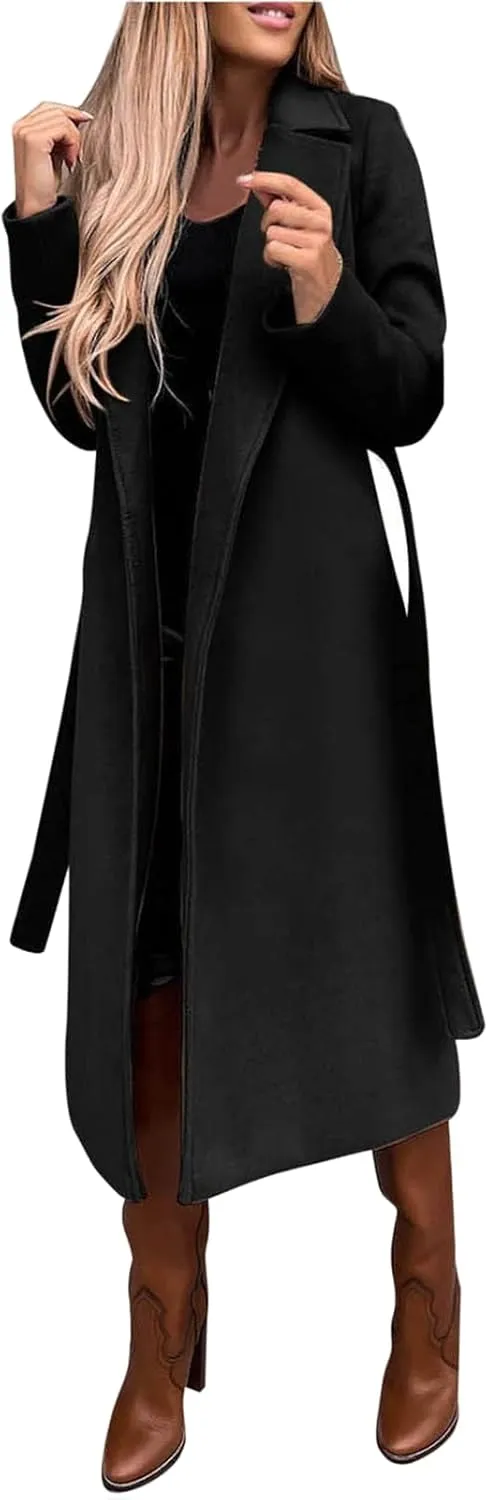 Women's Blazers Lapel Trench Coats Casual Cardigan Windbreak Solid Color Jackets Long Sleeve with Belt Overcoat