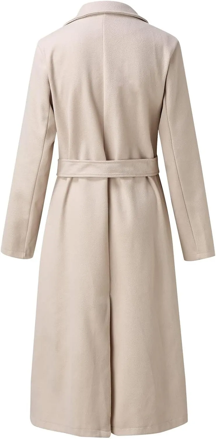 Women's Blazers Lapel Trench Coats Casual Cardigan Windbreak Solid Color Jackets Long Sleeve with Belt Overcoat