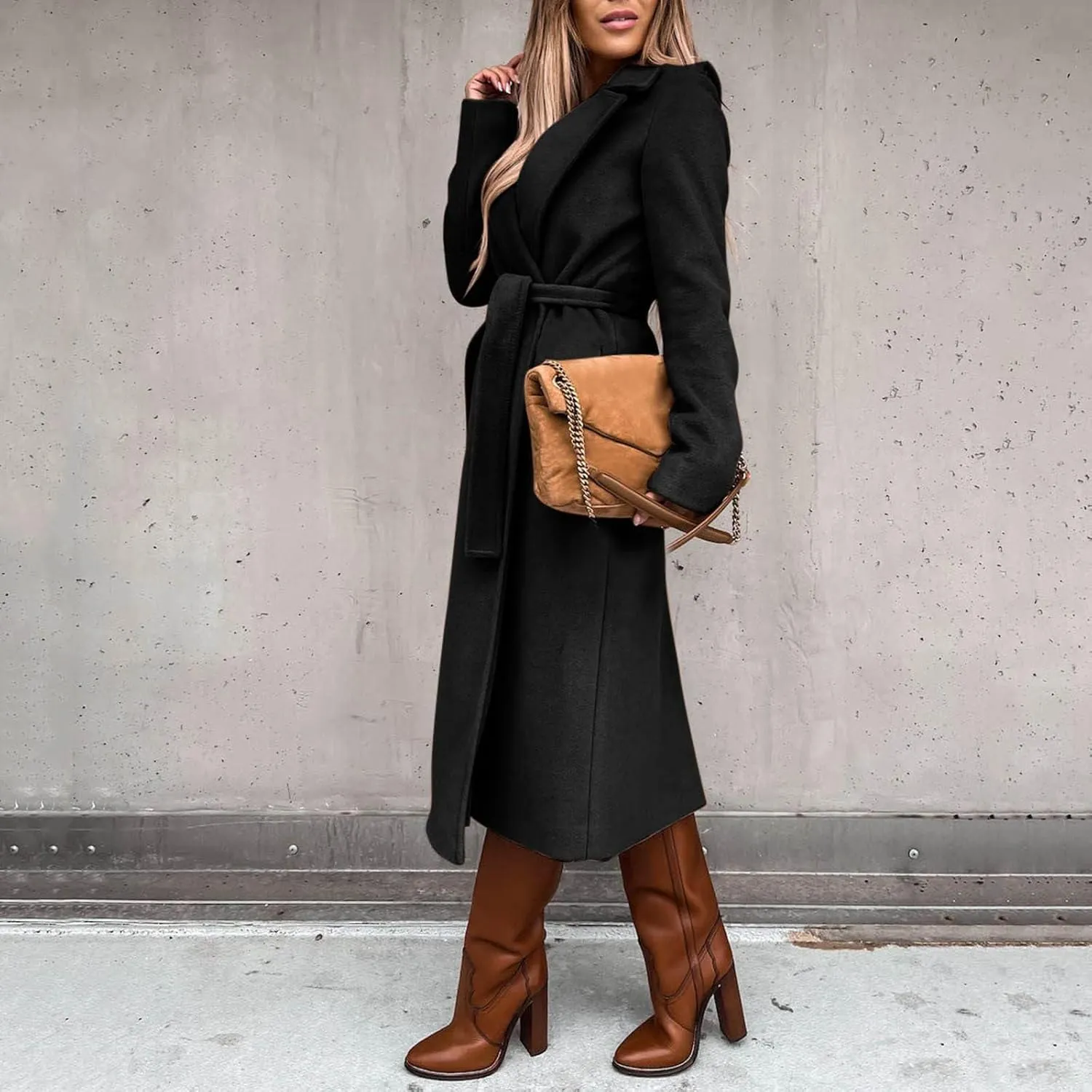 Women's Blazers Lapel Trench Coats Casual Cardigan Windbreak Solid Color Jackets Long Sleeve with Belt Overcoat