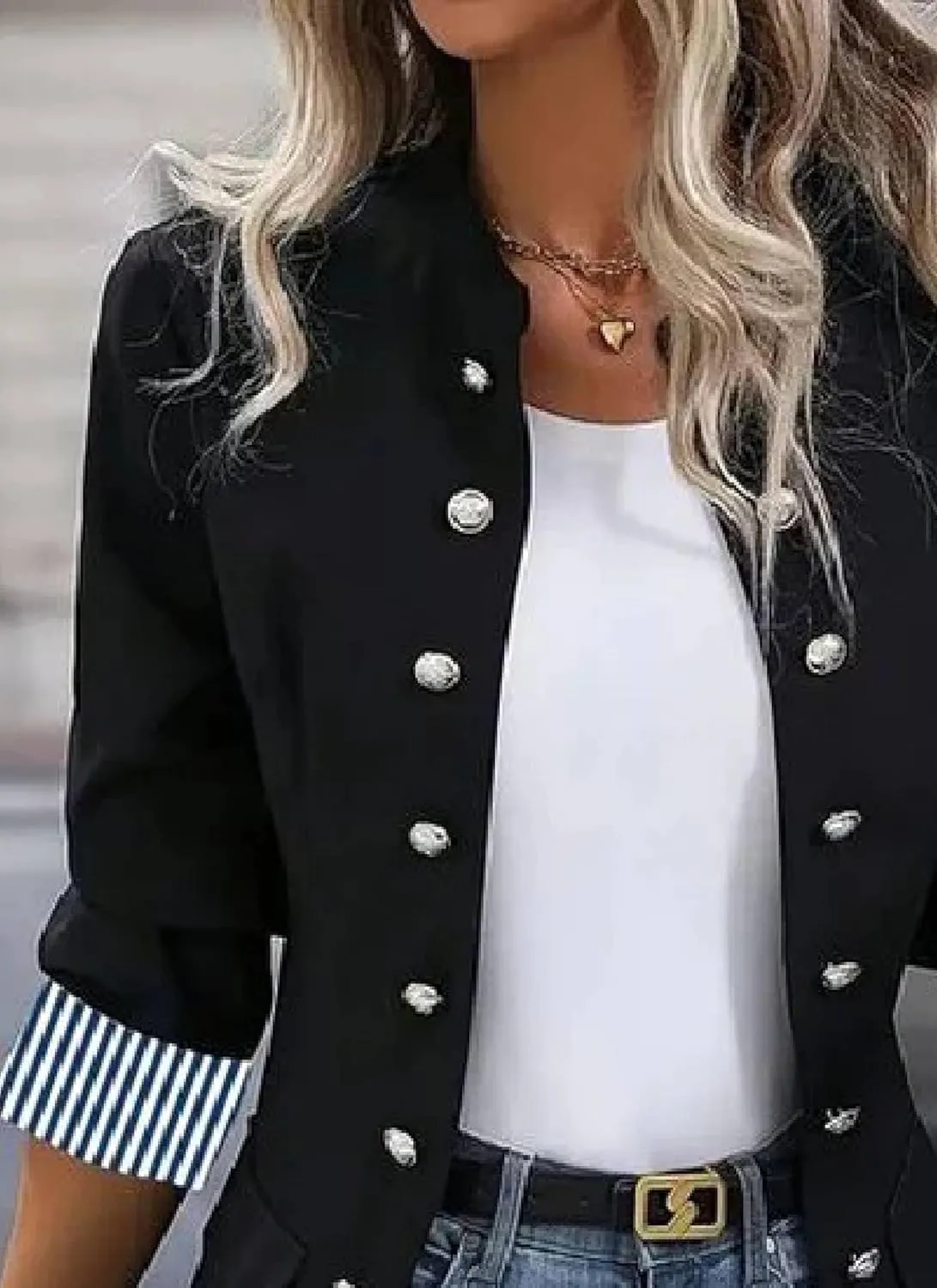 Women's Casual Blazers Button Open Front Striped Cuff Lightweight Work Office Suit Jackets Blazer