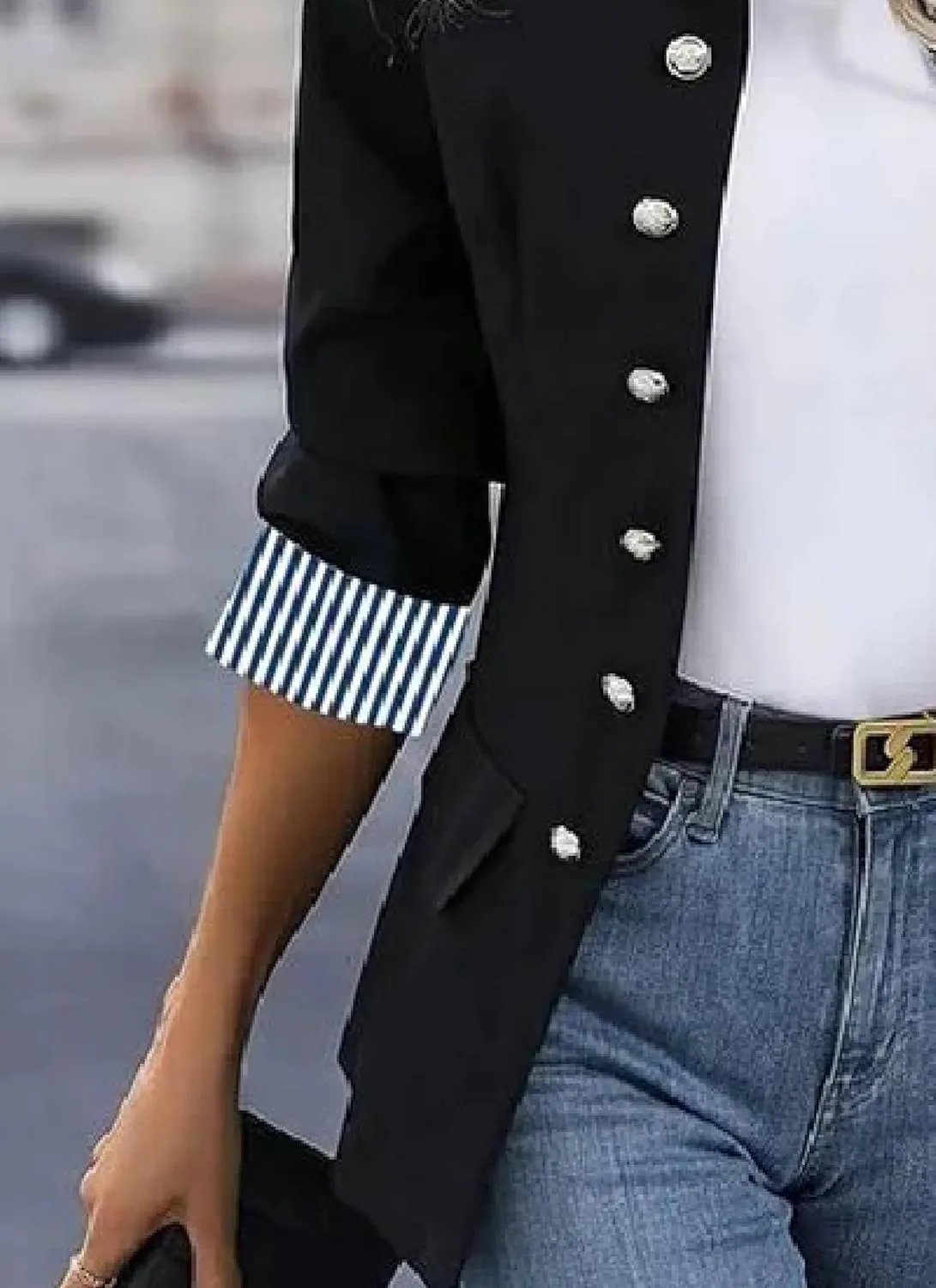 Women's Casual Blazers Button Open Front Striped Cuff Lightweight Work Office Suit Jackets Blazer