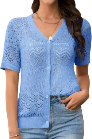 Women's Crochet Knit Open Front V-Neck Button Down Summer Short Sleeve Lightweight Cardigan Sweater