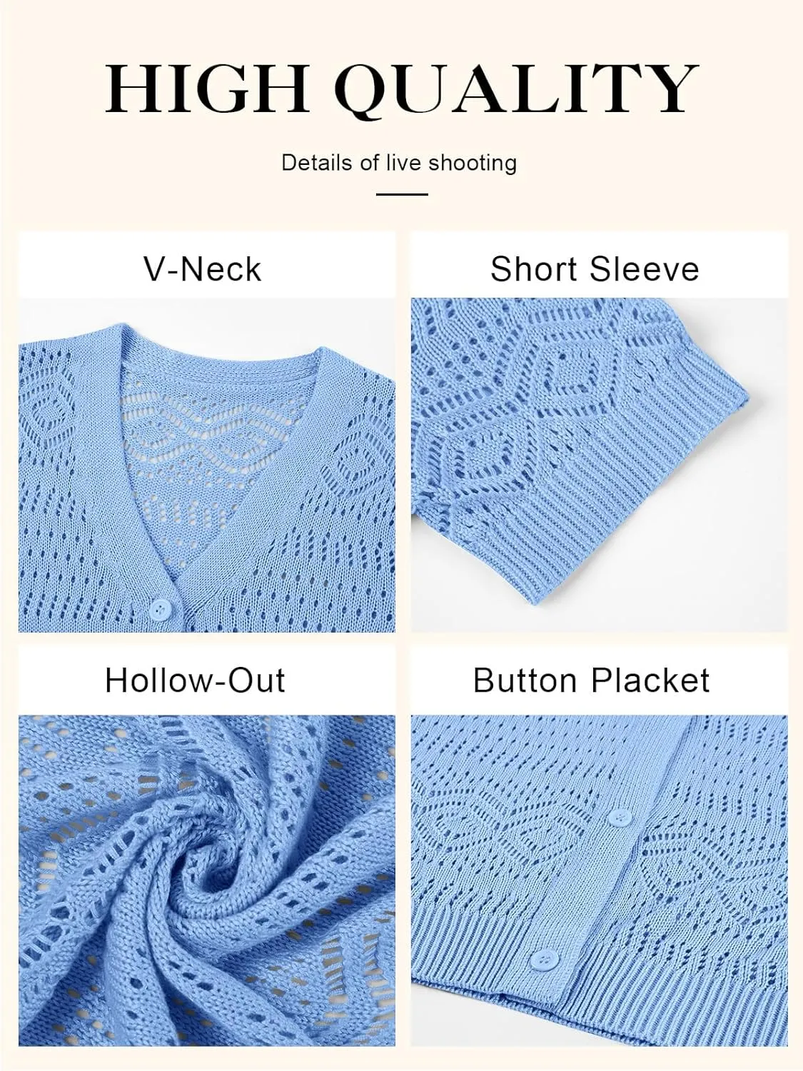 Women's Crochet Knit Open Front V-Neck Button Down Summer Short Sleeve Lightweight Cardigan Sweater