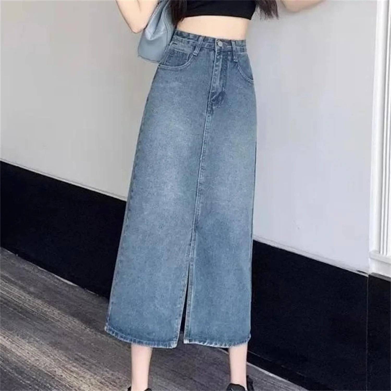 Women's Denim Skirt  High-Waisted Slimming Fringe Medium-Length Casual All-Season