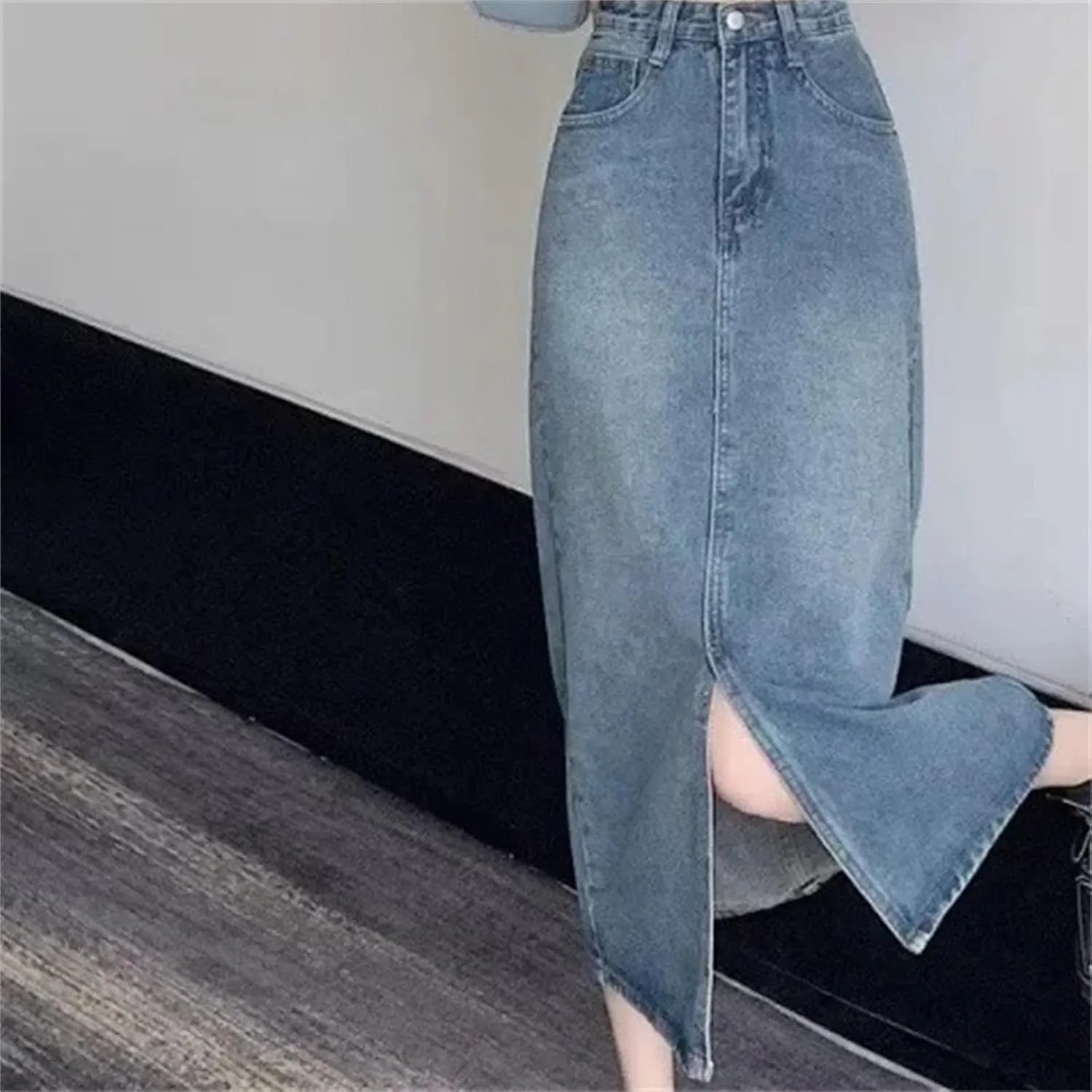 Women's Denim Skirt  High-Waisted Slimming Fringe Medium-Length Casual All-Season