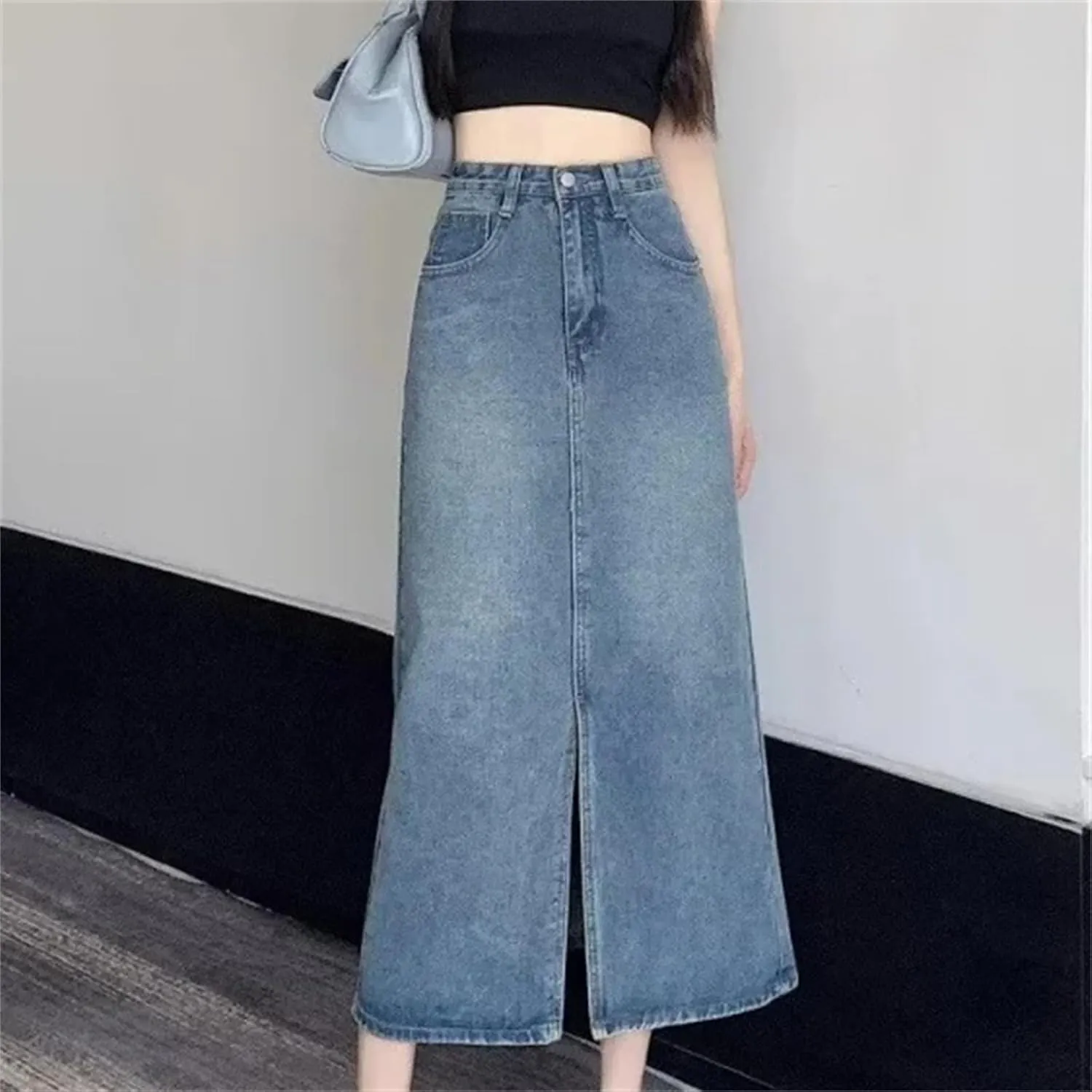 Women's Denim Skirt  High-Waisted Slimming Fringe Medium-Length Casual All-Season