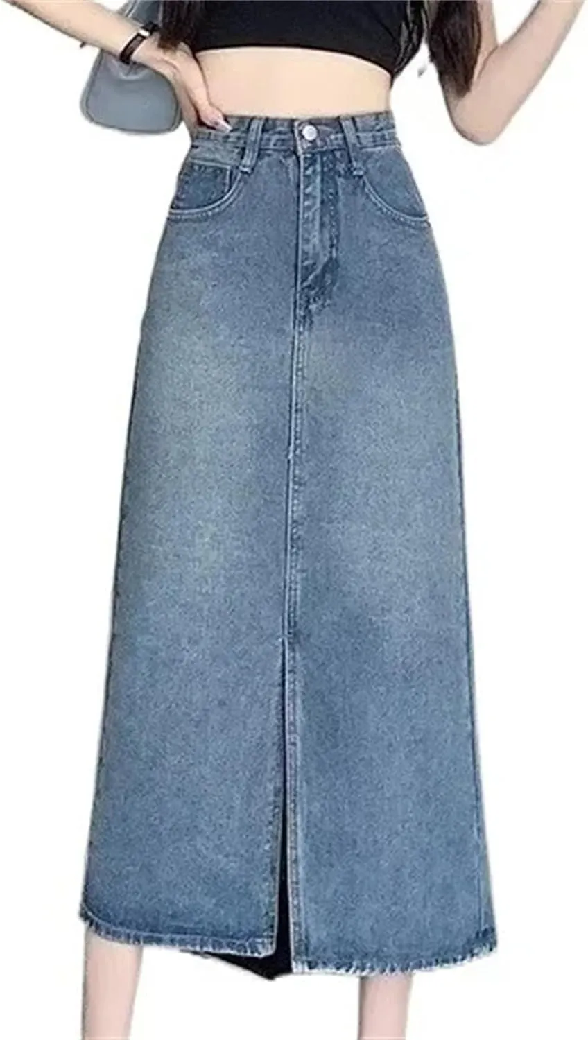 Women's Denim Skirt  High-Waisted Slimming Fringe Medium-Length Casual All-Season
