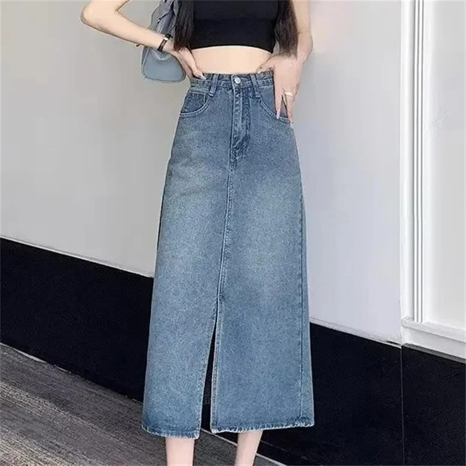 Women's Denim Skirt  High-Waisted Slimming Fringe Medium-Length Casual All-Season