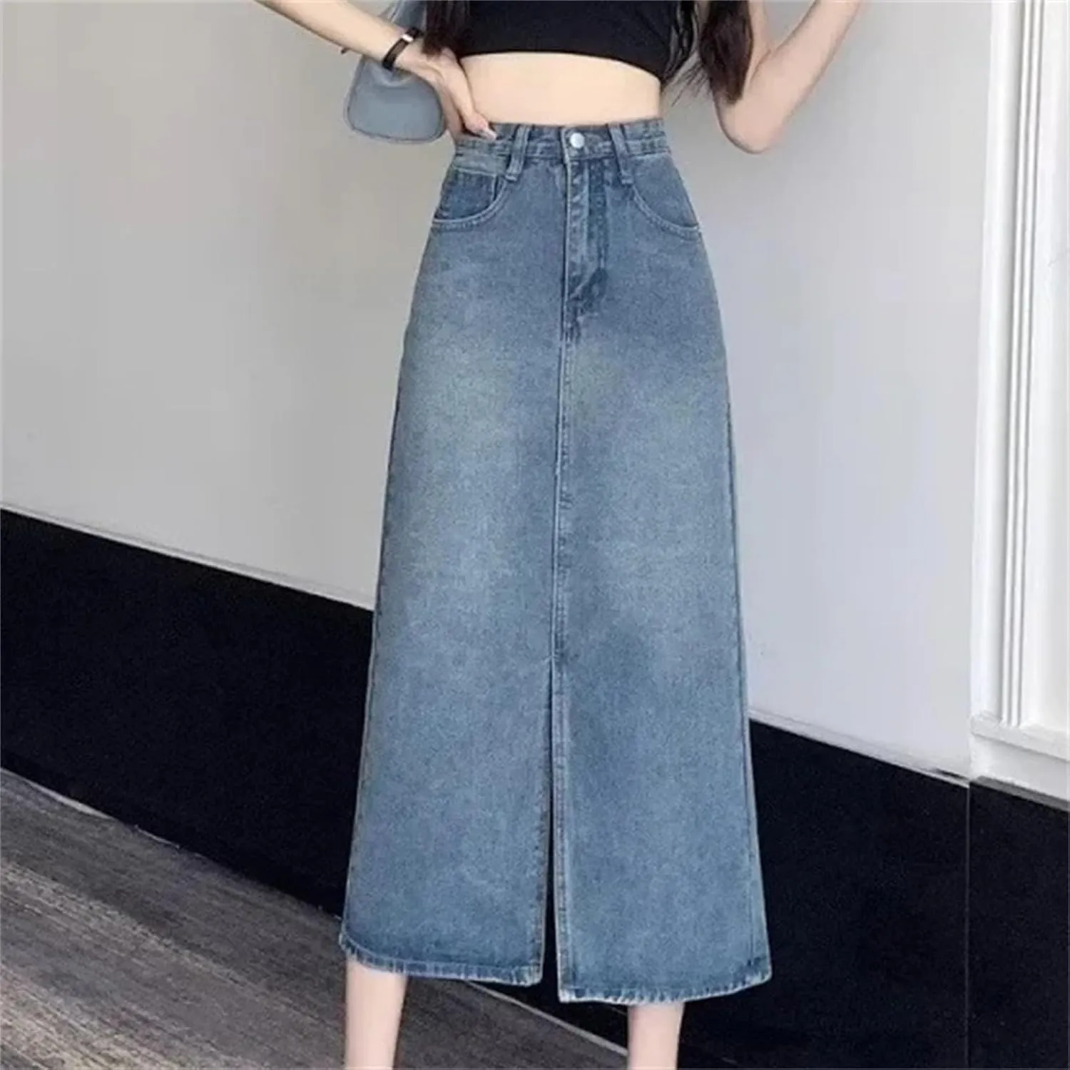 Women's Denim Skirt  High-Waisted Slimming Fringe Medium-Length Casual All-Season