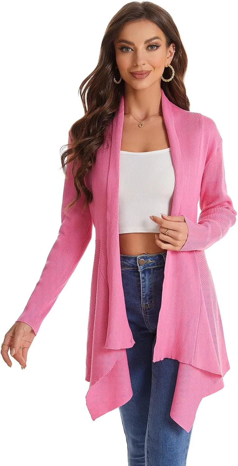 Women's Draped Open Front Cardigan, Long Sleeve Soft Ribbed Knit All-Season Outerwear with Irregular Hem