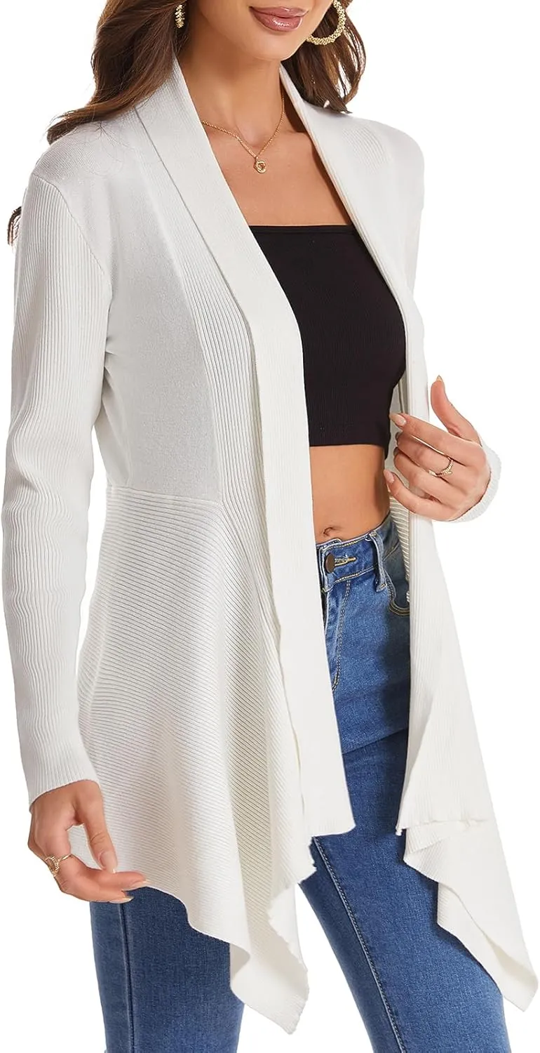 Women's Draped Open Front Cardigan, Long Sleeve Soft Ribbed Knit All-Season Outerwear with Irregular Hem